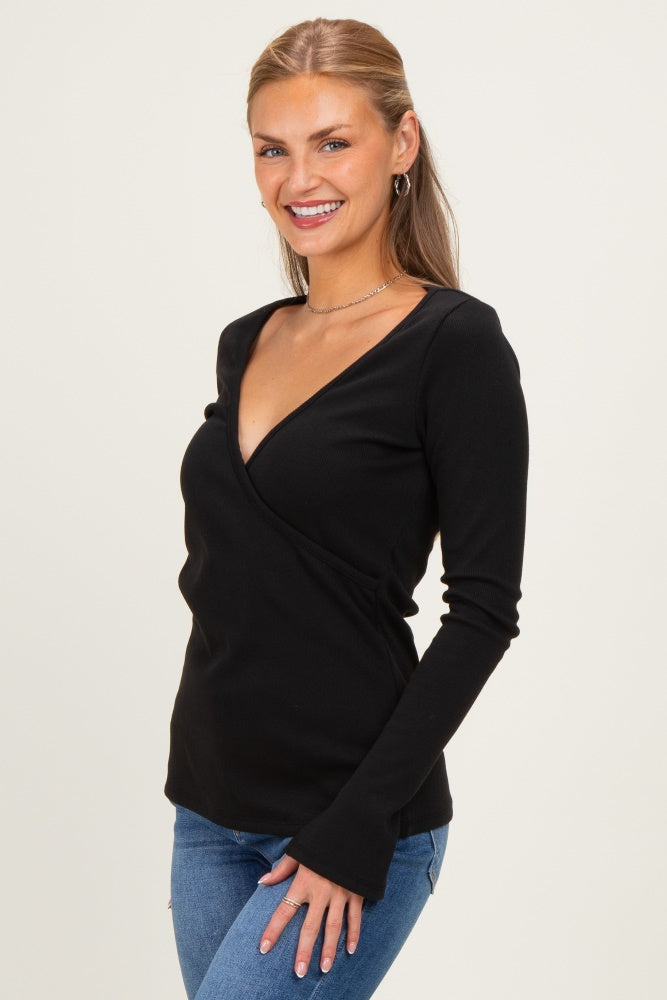 Black Fitted Long Sleeve Wrap/ Nursing Top