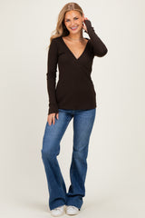 Brown Fitted Long Sleeve Wrap/ Nursing Top