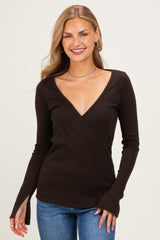 Brown Fitted Long Sleeve Wrap/ Nursing Top