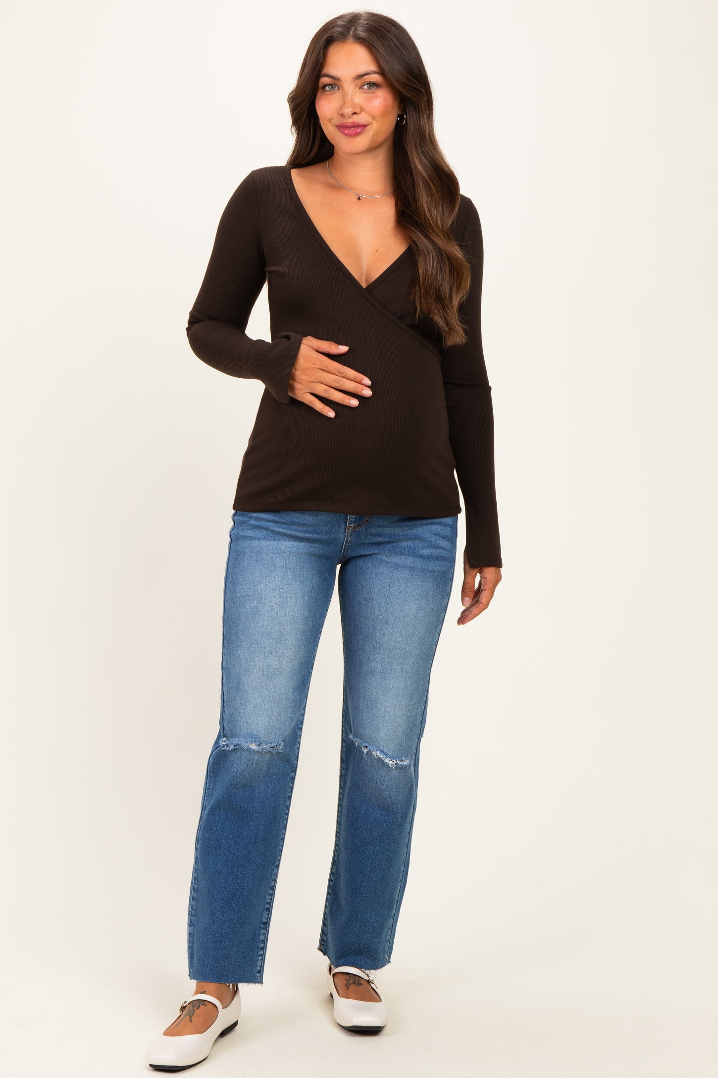 Brown Fitted Long Sleeve Maternity Wrap/ Nursing Top