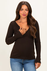Brown Fitted Long Sleeve Maternity Wrap/ Nursing Top