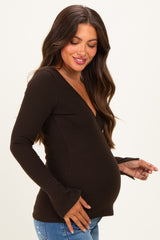 Brown Fitted Long Sleeve Maternity Wrap/ Nursing Top