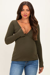 Olive Fitted Long Sleeve Maternity Wrap/ Nursing Top