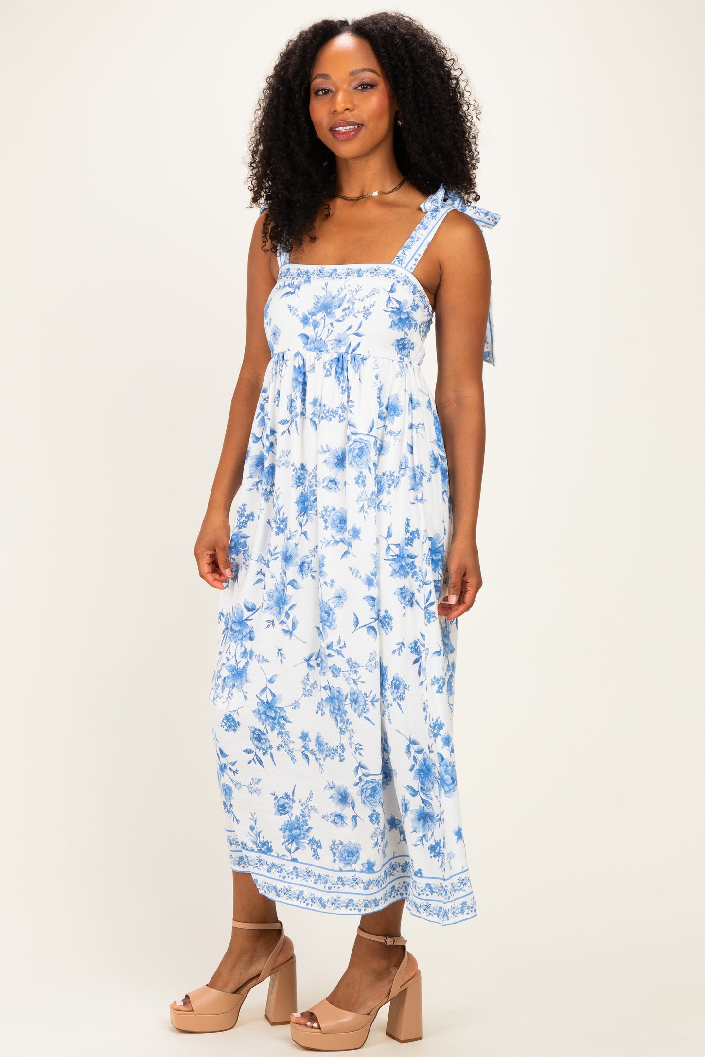 Light Blue Floral Shoulder Tie Midi Dress