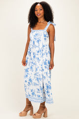 Light Blue Floral Shoulder Tie Midi Dress