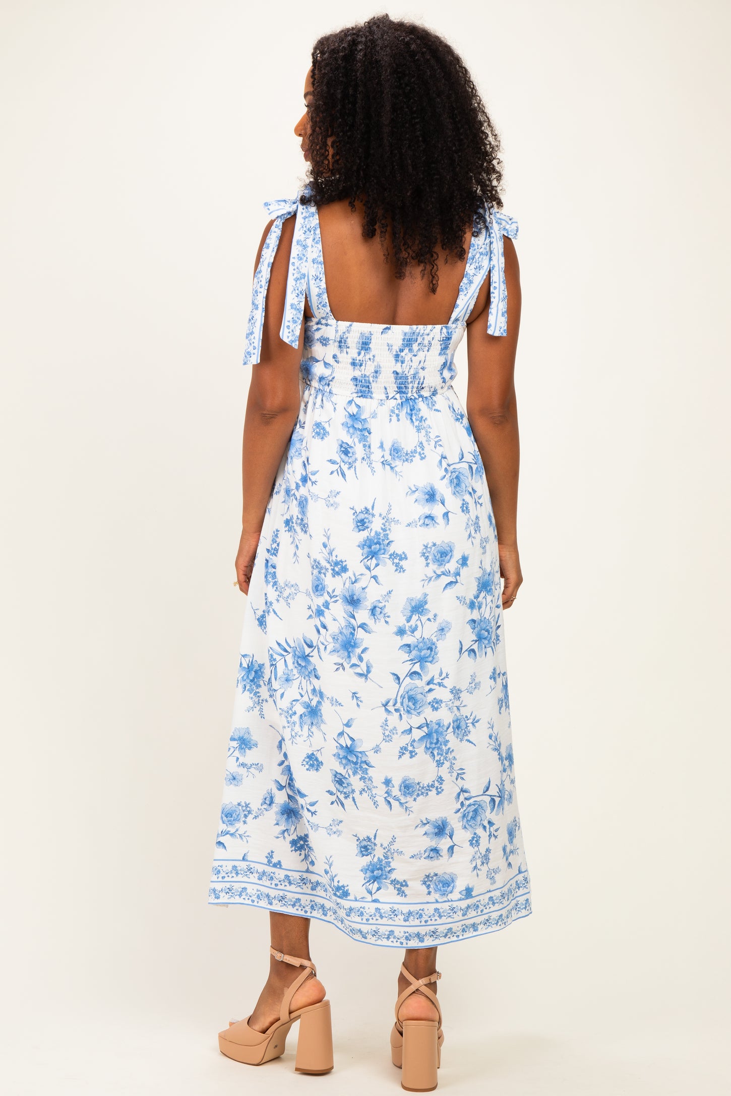 Light Blue Floral Shoulder Tie Midi Dress