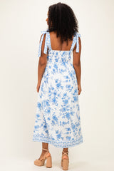 Light Blue Floral Shoulder Tie Midi Dress