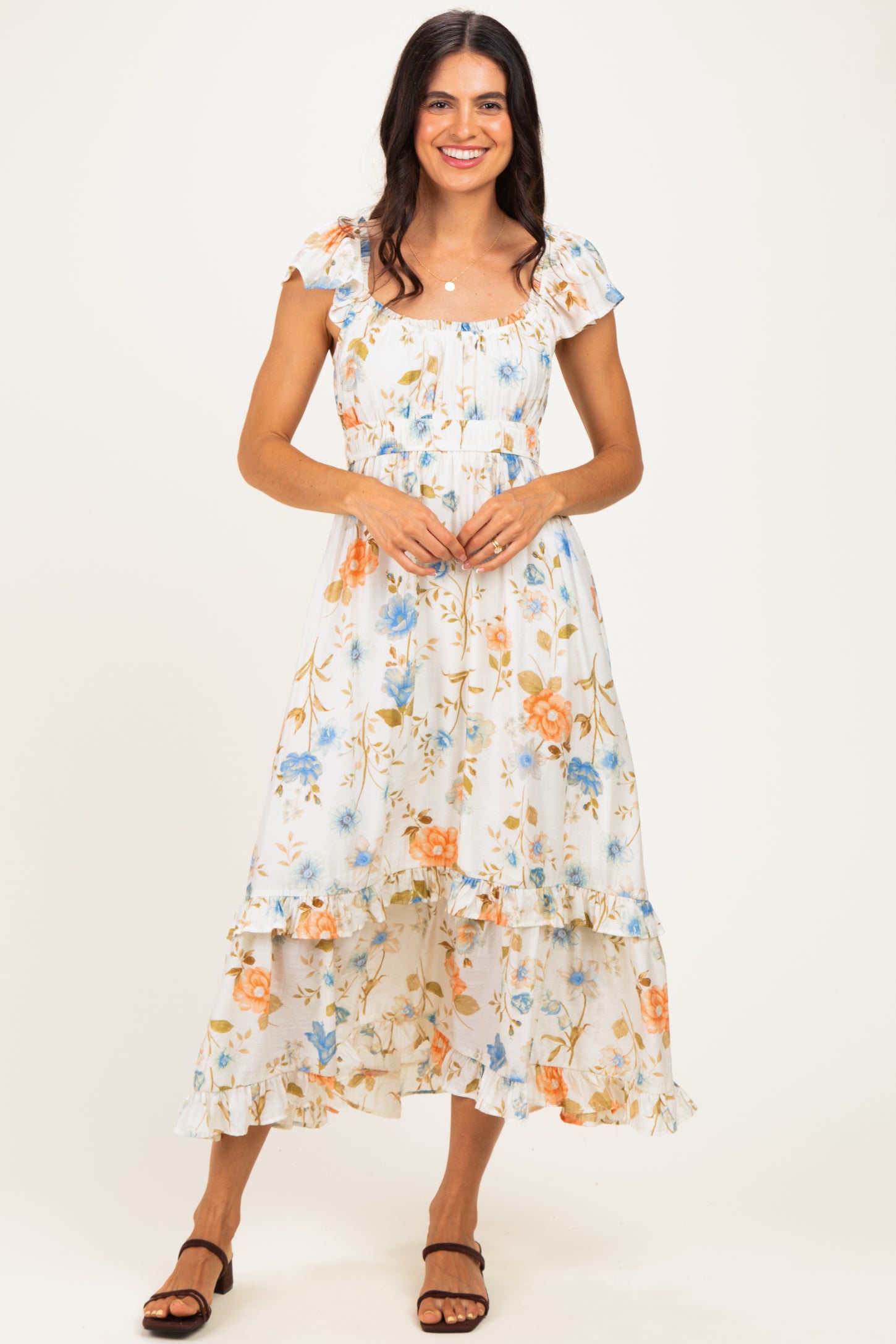 Beige Floral Ruffle Accent Maternity Midi Dress