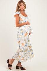 Beige Floral Ruffle Accent Maternity Midi Dress