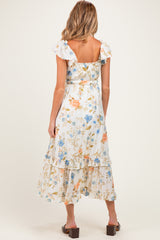 Beige Floral Ruffle Accent Maternity Midi Dress