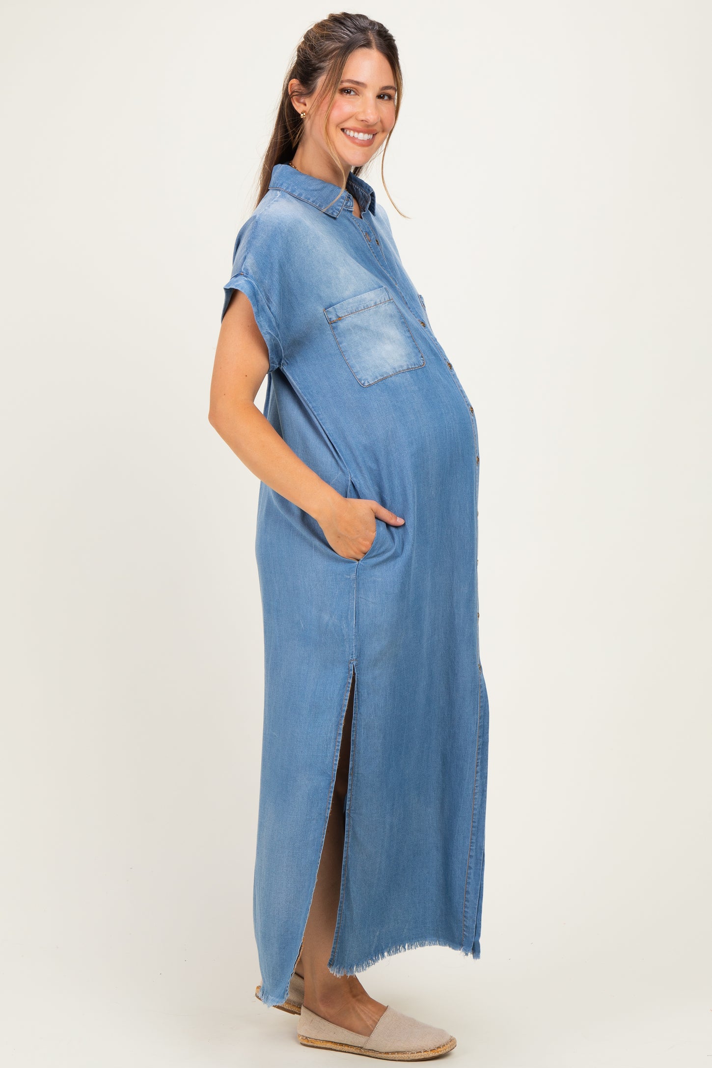 Light Denim Chambray Maternity Maxi Shirt Dress