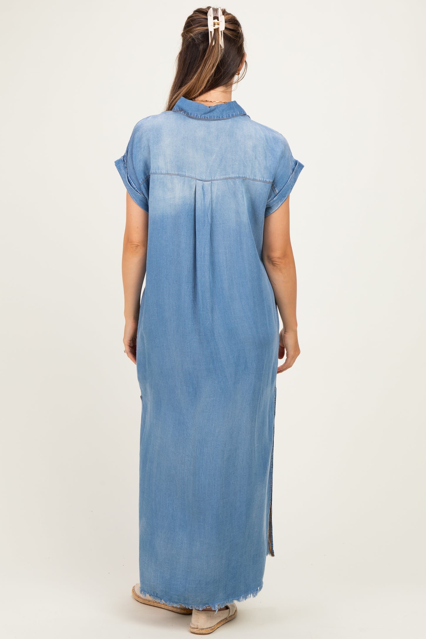 Light Denim Chambray Maternity Maxi Shirt Dress