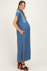 Medium Denim Chambray Maternity Maxi Shirt Dress