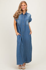 Medium Denim Chambray Maternity Maxi Shirt Dress