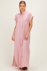 Pink Chambray Maternity Maxi Shirt Dress