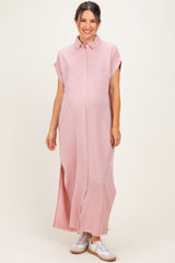 Pink Chambray Maternity Maxi Shirt Dress