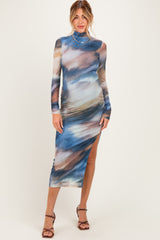 Multicolor Mesh Printed Mock Neck Long Sleeve Maternity Dress