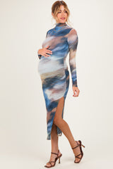 Multicolor Mesh Printed Mock Neck Long Sleeve Maternity Dress