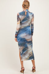Multicolor Mesh Printed Mock Neck Long Sleeve Maternity Dress
