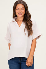 Oatmeal Embroidered Detail Collared Boxy Maternity Top