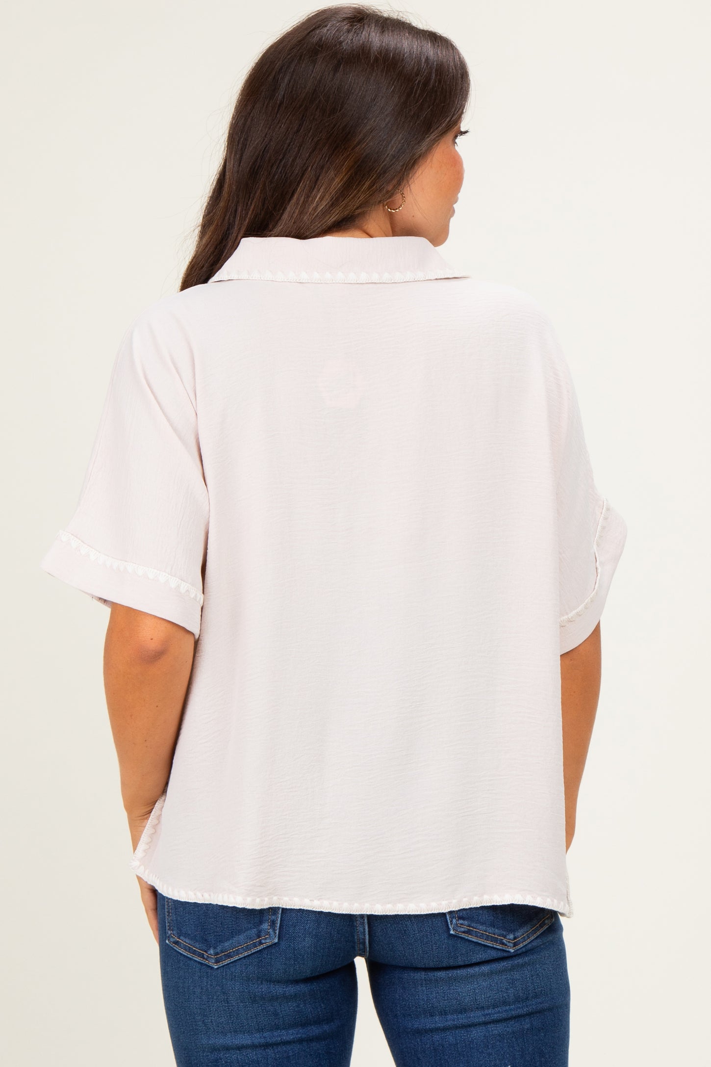 Oatmeal Embroidered Detail Collared Boxy Maternity Top