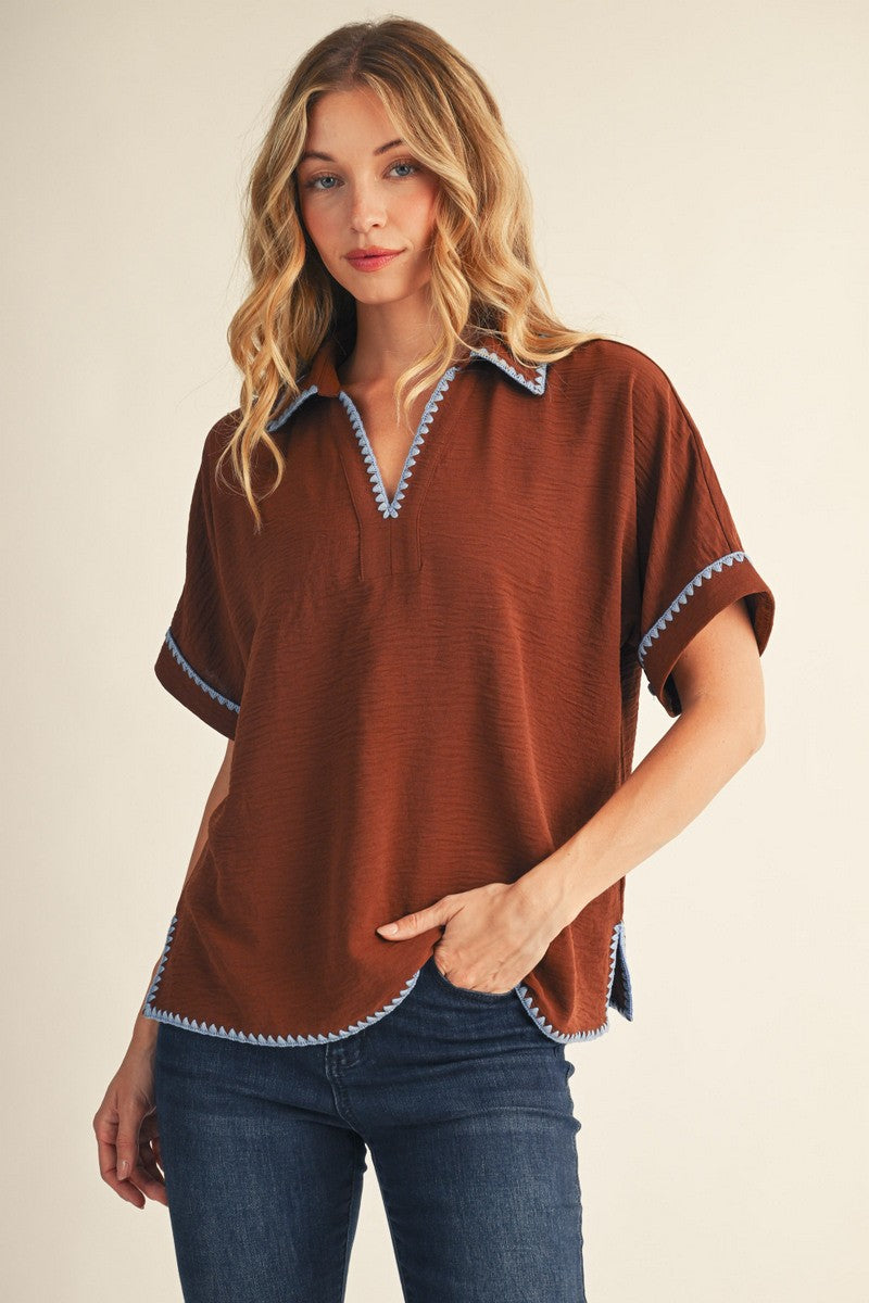 Brown Embroidered Detail Collared Boxy Top