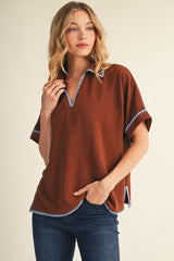 Brown Embroidered Detail Collared Boxy Top