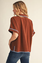 Brown Embroidered Detail Collared Boxy Top