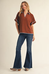 Brown Embroidered Detail Collared Boxy Top