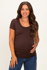 Brown Basic Short Sleeve Maternity Fitted Top