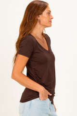 Brown V-Neck Ruched Side Top