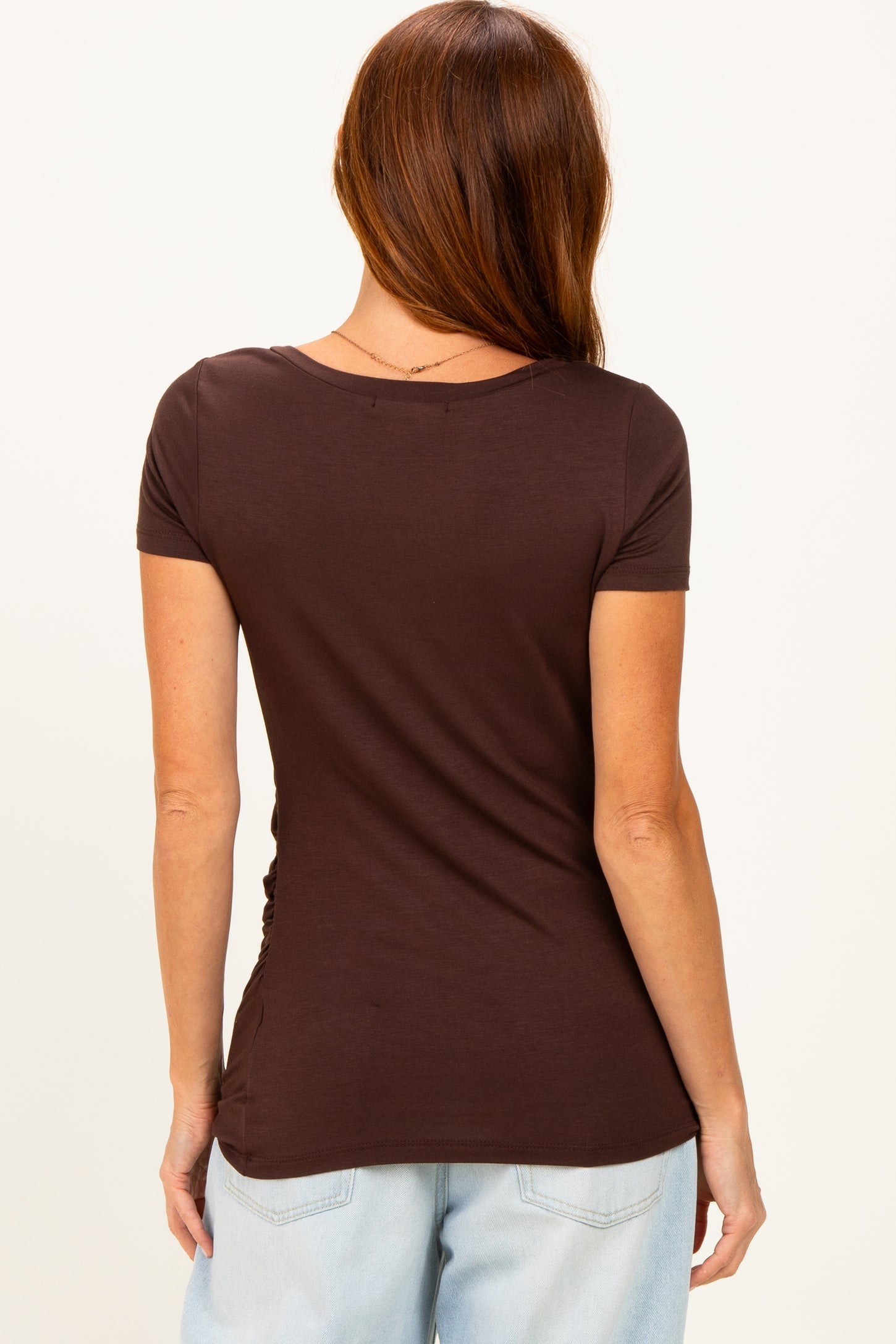 Brown V-Neck Ruched Side Top