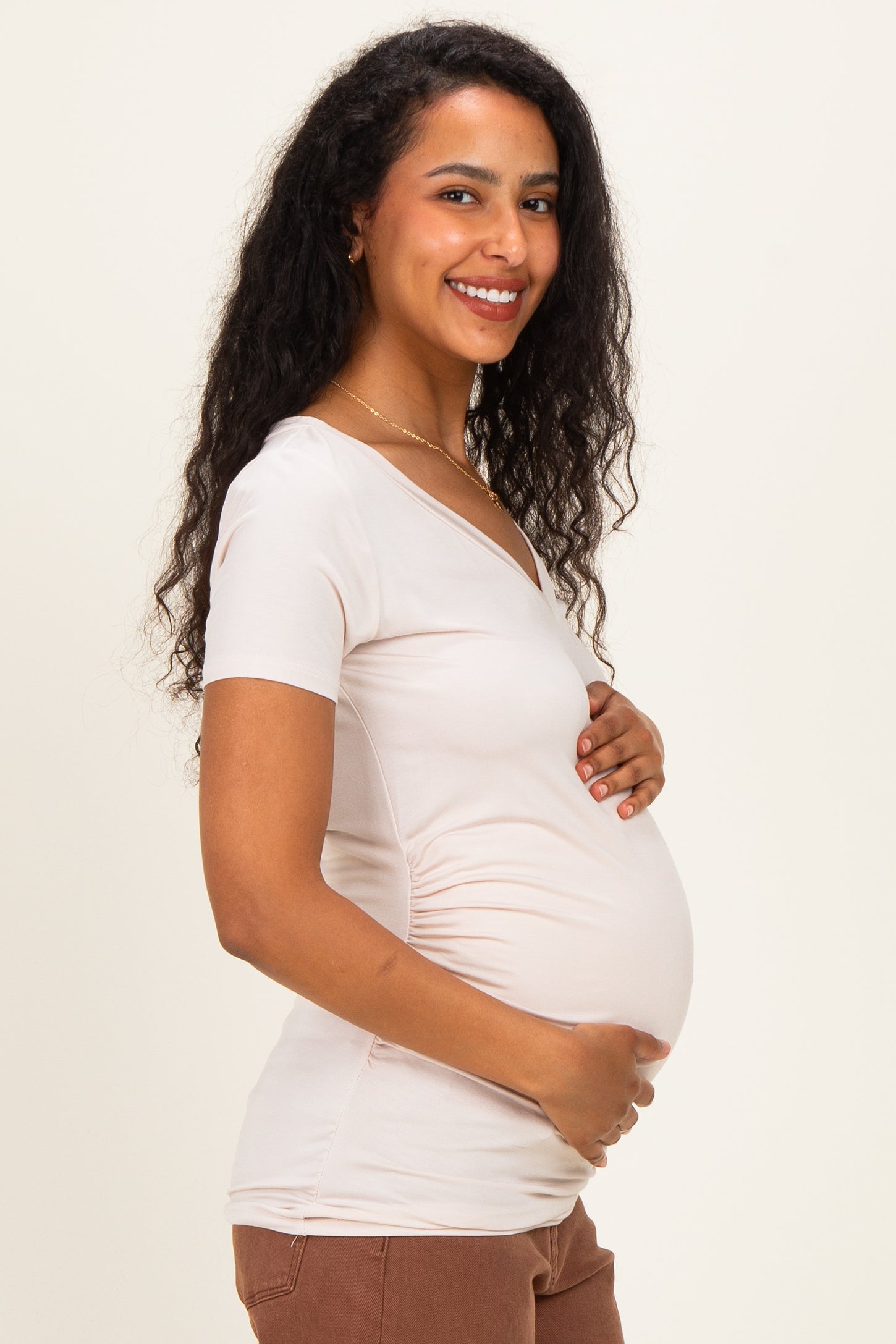 Beige V-Neck Ruched Side Maternity Top