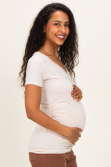 Beige V-Neck Ruched Side Maternity Top