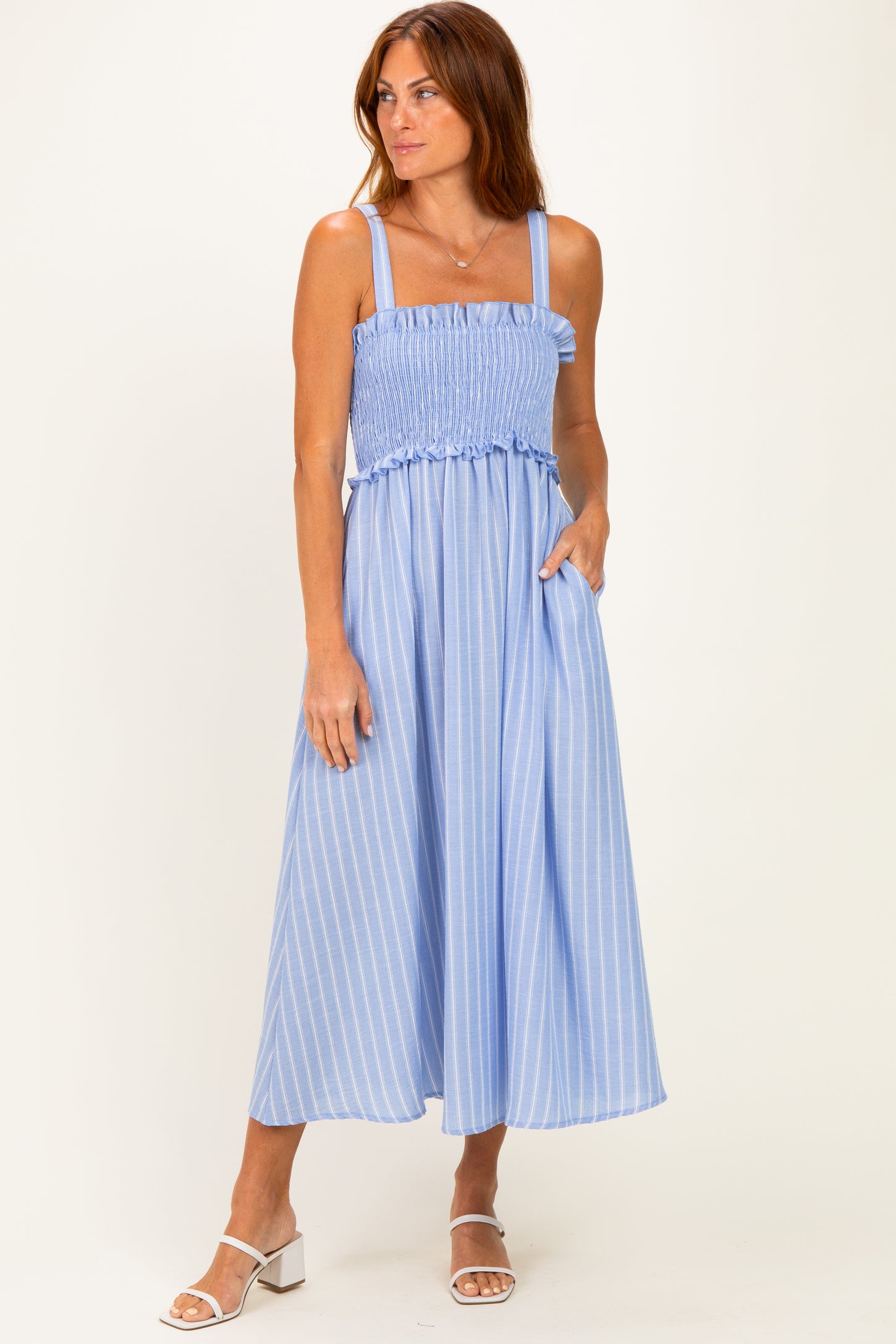 Blue Sleeveless Smocked Striped Maternity Maxi Dress