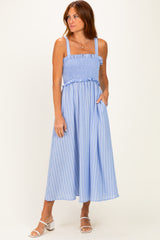 Blue Sleeveless Smocked Striped Maternity Maxi Dress