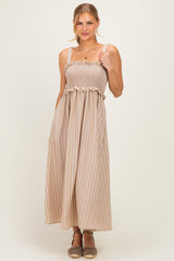 Taupe Sleeveless Smocked Striped Maxi Dress