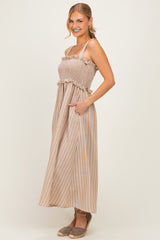Taupe Sleeveless Smocked Striped Maxi Dress