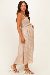 Taupe Sleeveless Smocked Striped Maternity Maxi Dress