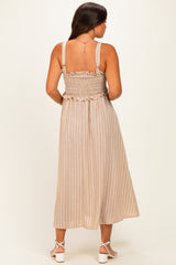 Taupe Sleeveless Smocked Striped Maternity Maxi Dress