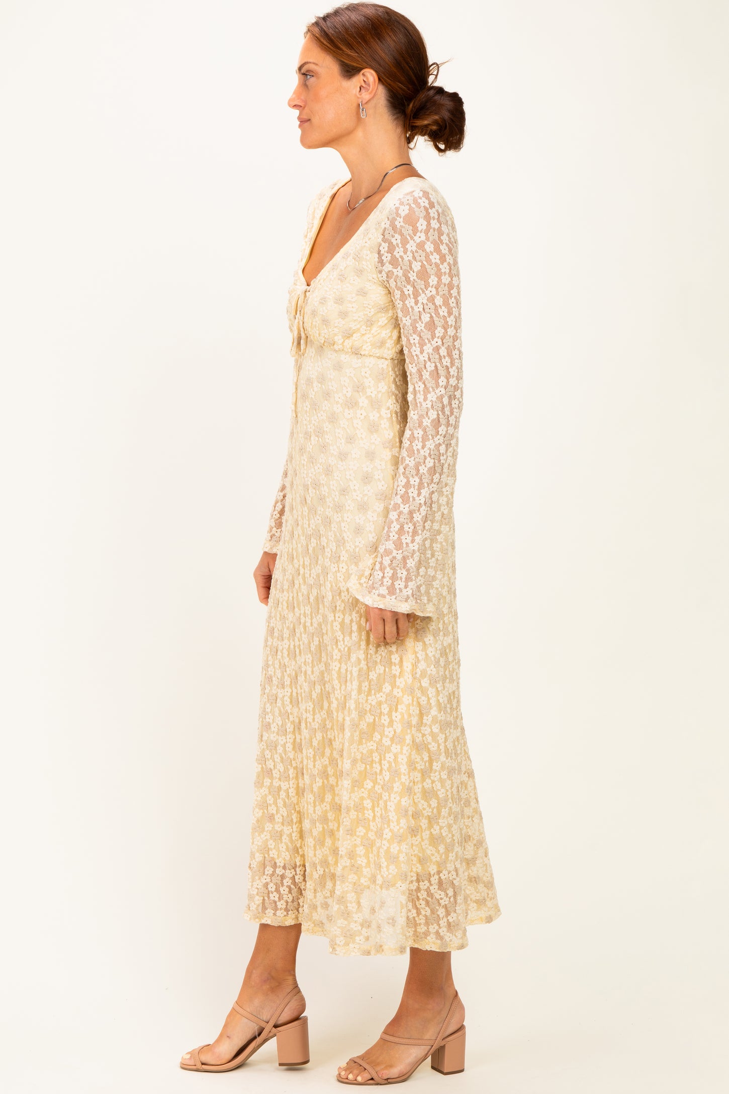 Cream Floral Lace Long Bell Sleeve Midi Dress