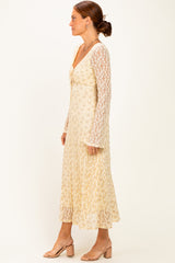Cream Floral Lace Long Bell Sleeve Midi Dress