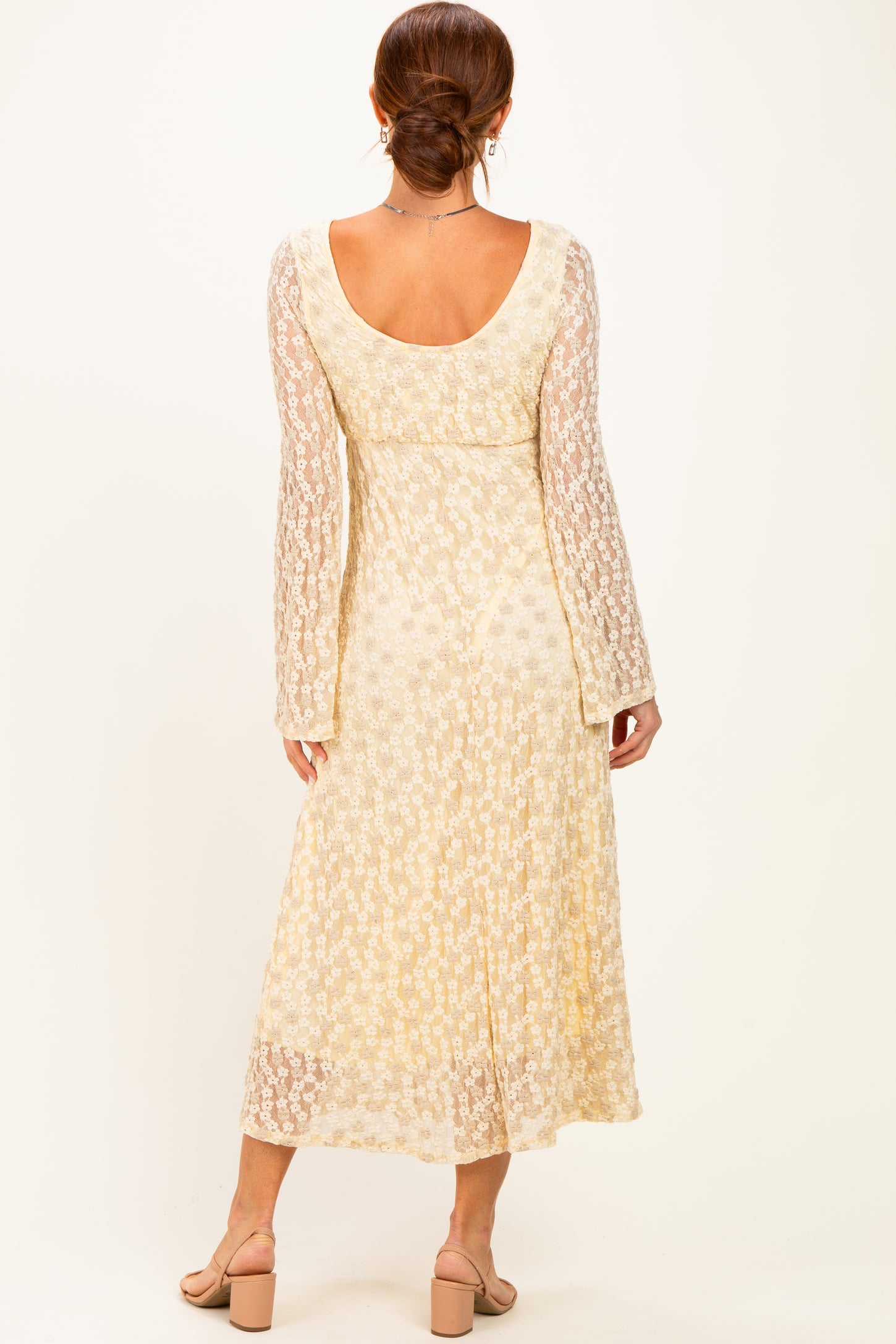 Cream Floral Lace Long Bell Sleeve Midi Dress