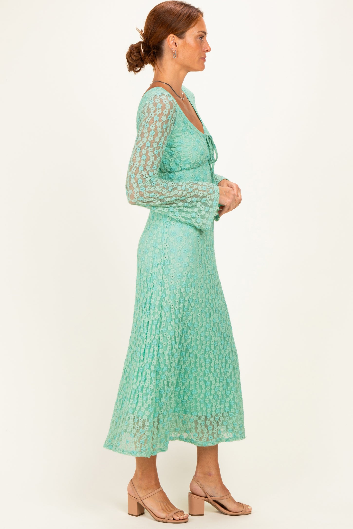 Mint Green Floral Lace Long Bell Sleeve Midi Dress