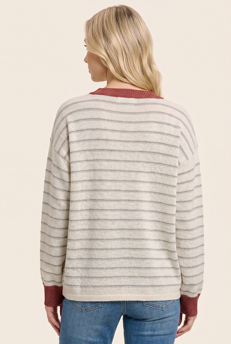 Rust Striped Solid Trim V-Neck Sweater
