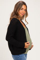 Black Chunky Waffle Knit Maternity Open Cardigan