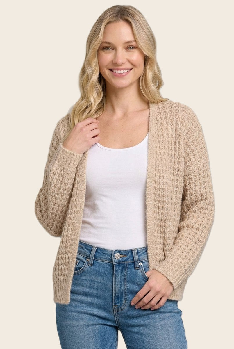 Oatmeal Chunky Waffle Knit Open Cardigan