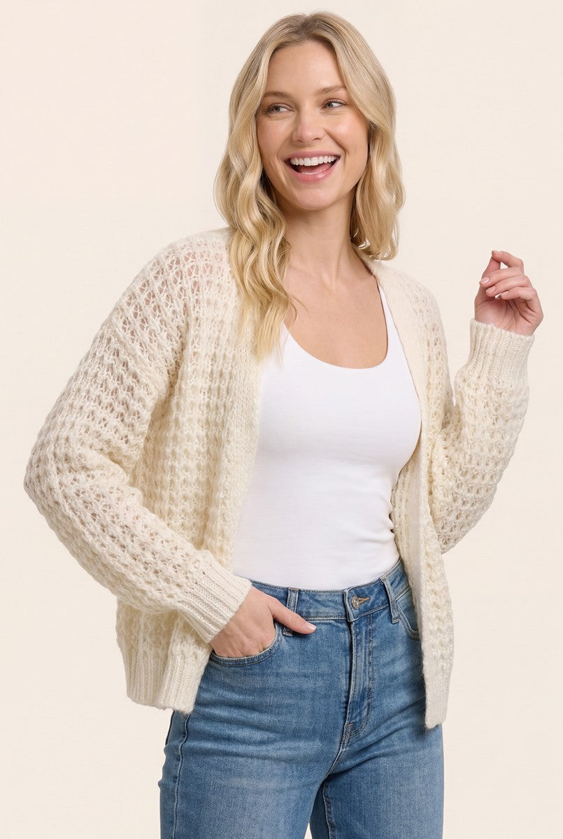 Ivory Chunky Waffle Knit Open Cardigan
