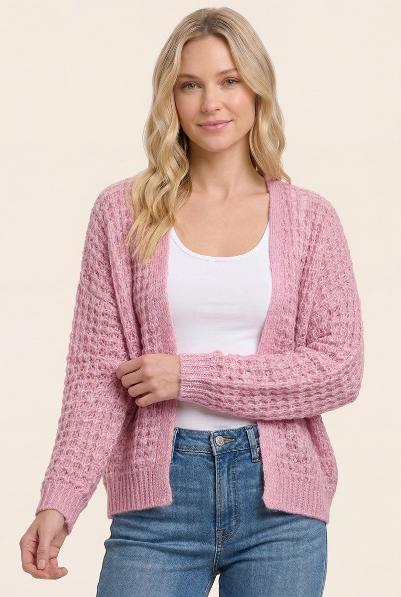 Pink Chunky Waffle Knit Open Cardigan