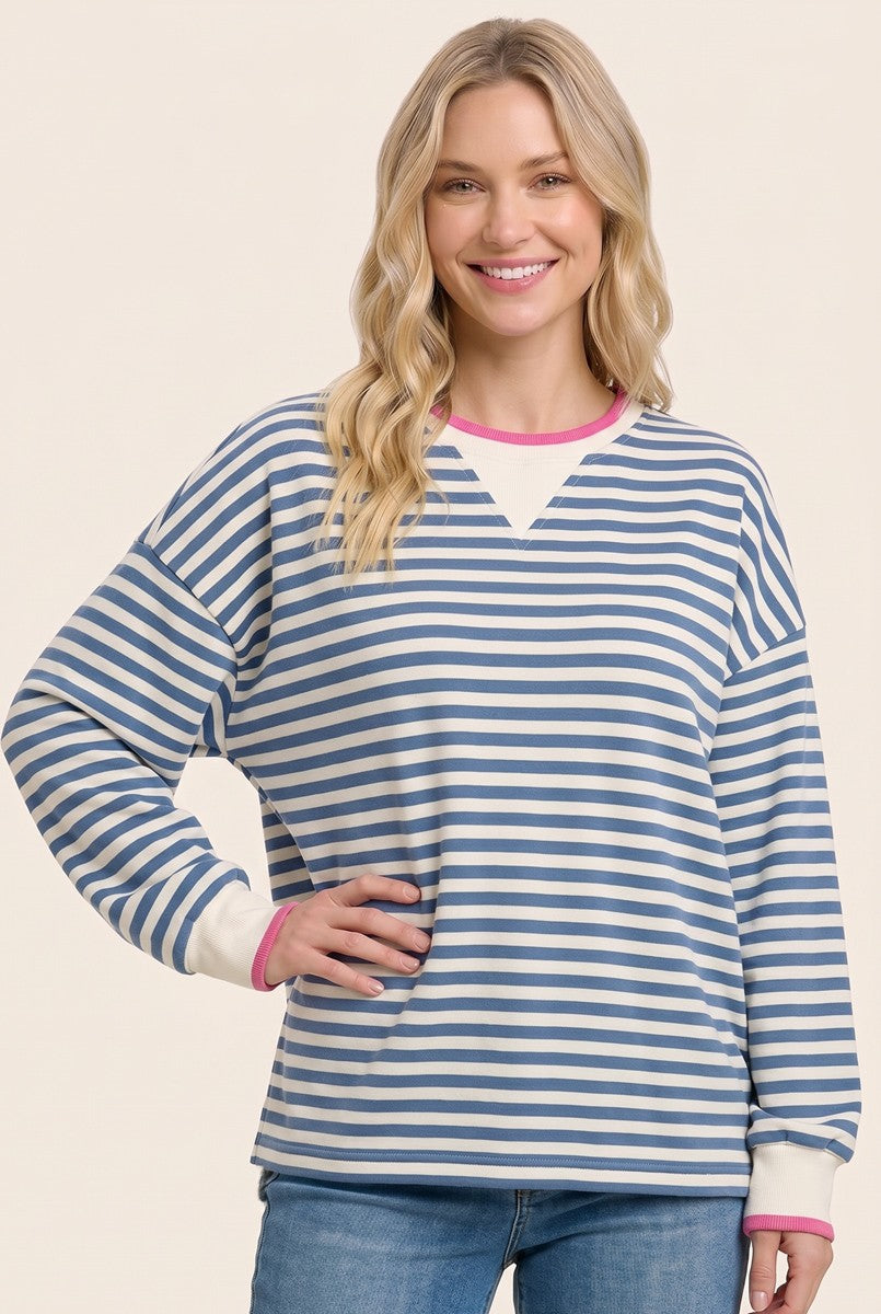 Denim Blue Relaxed Fit Striped Pullover